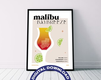 Póster digital con la receta del cóctel 'Malibu Baybreeze'