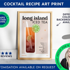Long Island ijsthee cocktail afdrukken | Bar Cart Decor voor cocktailliefhebbers | Cocktailrecept afdrukken | Mixology Art Poster voor Home Bar Cart