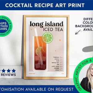 Long Island Iced Tea Cocktail Print | Bar Cart Decor for Cocktail Lovers | Cocktail Recipe Print | Mixology Art Poster for Home Bar Cart