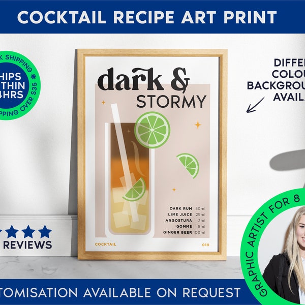 Dark And Stormy Print | Cocktail Bar Cart Print | Unframed Dark Stormy Poster | Drink Recipe Poster | Minimal Alcohol Print | Bar Cart Art