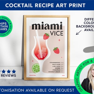 Miami Vice Print | Cocktail Bar Cart Print | Framed Miami Vice Poster | Drink Recipe Poster | Minimalist Alcohol Print | Bar Cart Art