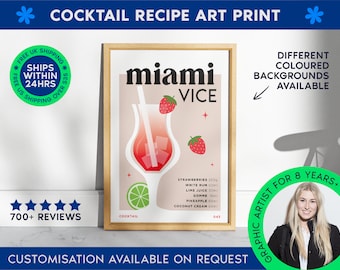 Miami Vice Print | Cocktail Bar Cart Print | Framed Miami Vice Poster | Drink Recipe Poster | Minimalist Alcohol Print | Bar Cart Art