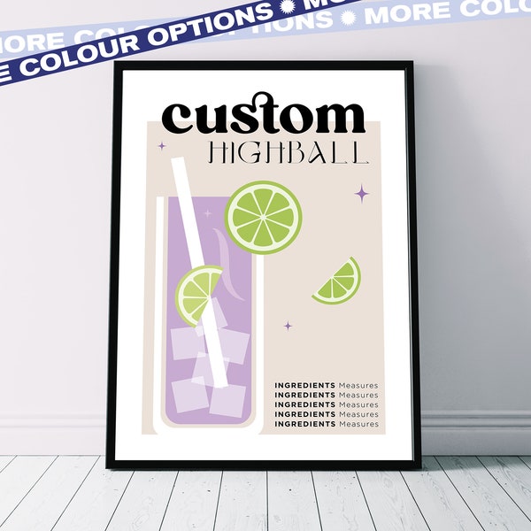 Custom Cocktail Recipe Poster | Customisation Available | Colour Choices | Wall Art | Bar Cart Decor