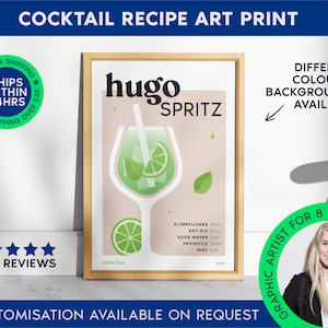 Hugo Spritz Print | Wózek barowy Cocktail Bar Cart | Nieoprawiony plakat Hugo Spritz | Plakat z przepisem na drinka | Minimalistyczny wydruk alkoholowy | Akcesoria artystyczne do wózków barowych