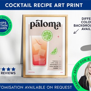 Paloma Print / Cocktail Bar Cart Print / Cartel de Paloma sin marco / Cartel de receta de bebida / Impresión de alcohol minimalista / Bar Cart Art Decor