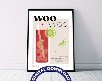 Póster digital imprimible con la receta del cóctel "Woo Woo"