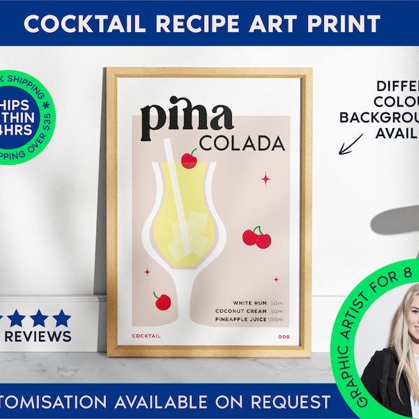 Pina Colada Classic Cocktail Art Print | Bar Cart Decor for Cocktail Lovers | Cocktail Recipe Print | Mixology Poster for Home Bar Cart