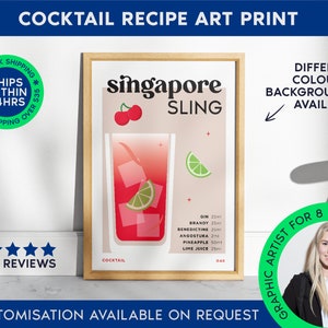 Singapore Sling Print | Cocktail Bar Cart Print | Singapur Sling Poster | Trinkrezept Poster | Minimalist Alcohol Print | Barwagen Art