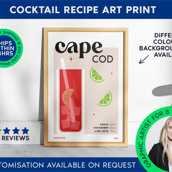 Cape Cod Classic Cocktail Art Print | Bar Cart Decor for Cocktail Lovers | Cocktail Recipe Print | Mixology Poster for Home Bar Cart