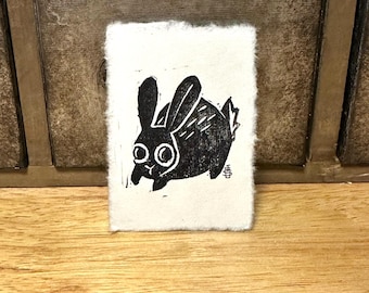 Tiny Bunny Rabbit Art Linocut Print for Gallery Wall or Desk