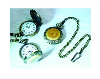 Pocket Watch Vintage Style Hand Crafted Forest Wood Inlay.  3 inch Case 14 inch chain with belt clip