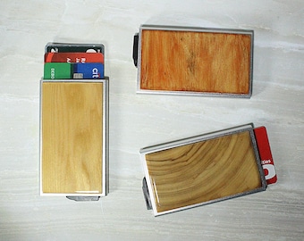 Credit Card Cases Spring Loaded RFID Blocking Steel Hand Crafted Forest Wood Inlays