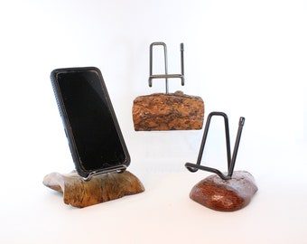 Cell Phone Stand for Desk, Metal Cell Phone Holder Desk Accessories, Compatible with most Cell Phones Hand Crafted Forest  Wood base