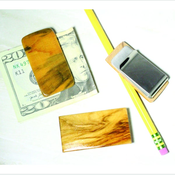 Money Clip Hand Crafted Forest Wood Inlay Stainless Steel