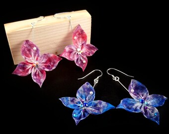 Sparkling Butterfly Dangle Earrings (1 Pair) Bohemian Fashion, Airy Dress, Hand-dyed, Woodland Wedding, Party, Tsumami Zaiku Kanzashi