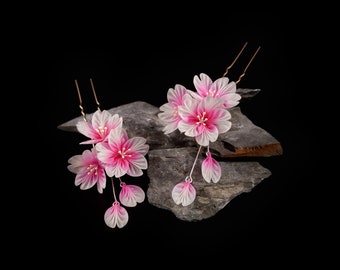 Cherry Blossoms & Petals Hairpin (1 Pin) - Sakura, Pink, Floral, Woodland Wedding, Garden Tea Party, Japanese Craft, Tsumami Zaiku Kanzashi