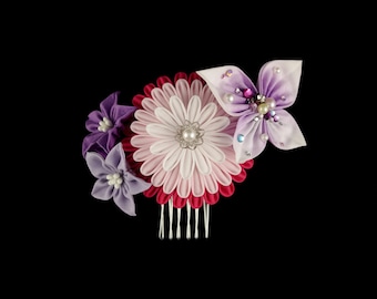 Romantic Butterfly Floral Headpiece: Pink Chrysanthemum & Purple Platycodon, Japanese Craft, Tsumami-zaiku