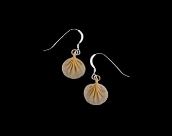 Golden Scallop Seashell Earrings: Hand dyed Silk Statement Earrings, Tsumami Zaiku