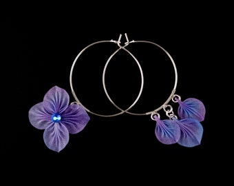 Galaxy Colour Palette Silk Hydrangea Asymmetric Hoop Earrings, Japanese Craft, Tsumami Kanzashi