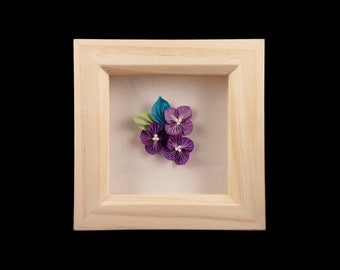 Purple Silk Hydrangea Box Frame, Tsumami Zaiku Art with Wooden Frame, Wall Decoration