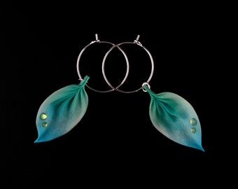 Dewy Leaf Hoop Earrings, Teal and Blue Small Hoops Statement Earrings, hand crafted with Tsumami Zaiku