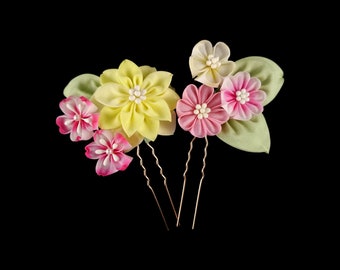 Springtime Garden Silk Floral Hairpin 2-Pieces Set: Tsumami Zaiku Kanzashi, Boho style complement