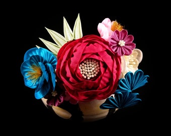 Mutsuki - Habutae Silk Red Peony & Hand-dyed Camellia Headpiece, Tsumami Zaiku Kanzashi, Japanese Craft, For Formal Occasion