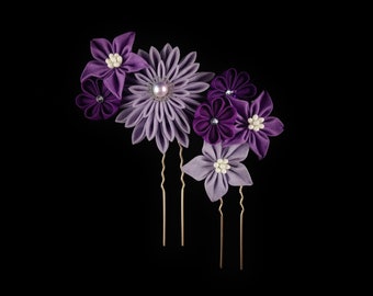 Romantic Cotton Lawn Lilac Floral Hairpins, 2-pieces set: Japanese Craft, Tsumami Zaiku, Kanzashi