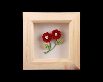 Red Silk Asters Box Frame, Tsumami Zaiku Art with Wooden Frame, Wall Decoration