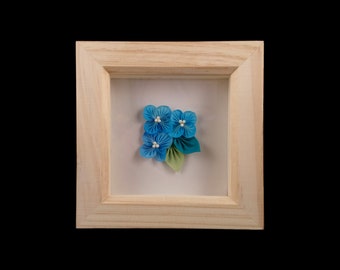 Blue Silk Hydrangea Box Frame, Tsumami Zaiku Art with Wooden Frame, Wall Decoration