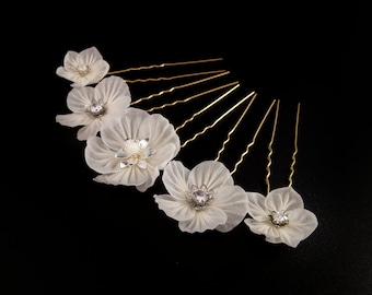 Luna - Bridal Hairpin Set of 5, Made to Order, Tsumami Zaiku, Kanzashi, Boho, Woodland Wedding, Mexican Primrose, Rockrose, Jasmine