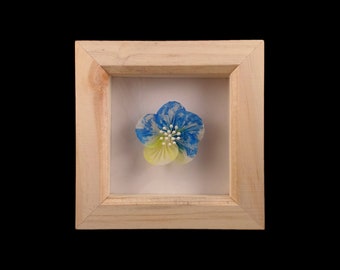 Yellow and Blue Silk Geranium Box Frame, Tsumami Zaiku Art with Wooden Frame, Wall Decoration