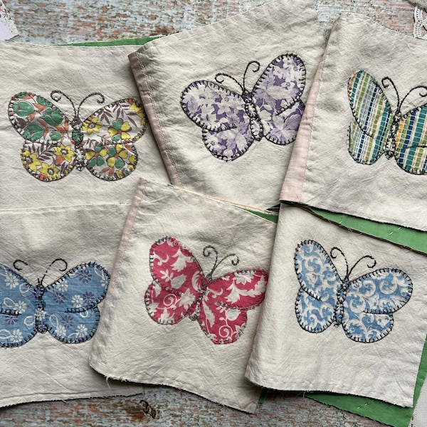 Vintage 1930s Butterfly Appliqué Butterfly Quilt Squares - Vintage Textile - Hand Quilted - Junk Journal - Slow Stitching