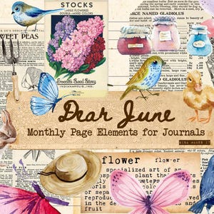Caro giugno, Elementi della pagina mensile per il diario di scarto, Fiori, Giardini, Uccelli, Etichette, Barattoli, Farfalle, Semi, Download digitale di Gina Makes It,