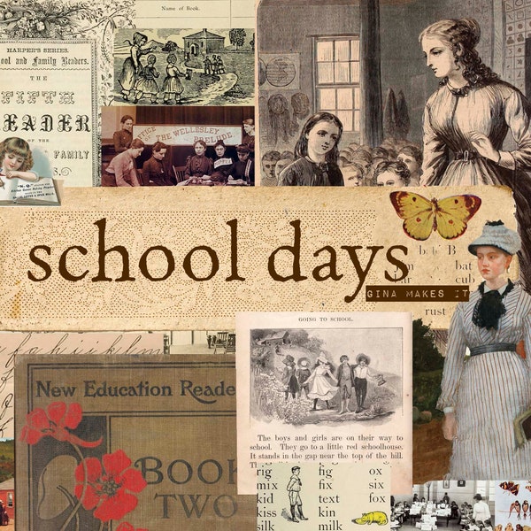 Días escolares - Imprimibles vintage - Descarga digital - Gráficos e ilustraciones - Collage para diario y arte