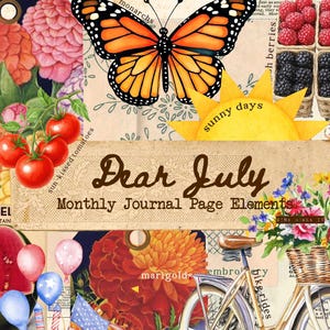 Querido Julio, Elementos de página mensuales para diario basura, Flores, Jardines, Verduras, Etiquetas, Frascos, Mariposas, Gina lo hace Descarga digital,