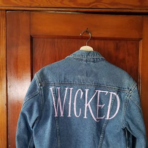 vintage eddie bauer denim jean jacket hand-painted pink &quot;wicked&quot; size medium / large