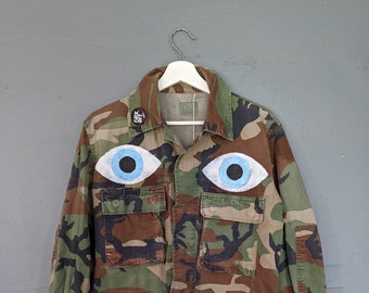 Vintage 1983 Woodland Camo Jacket, Hand Painted with Evil Eyes, S/M