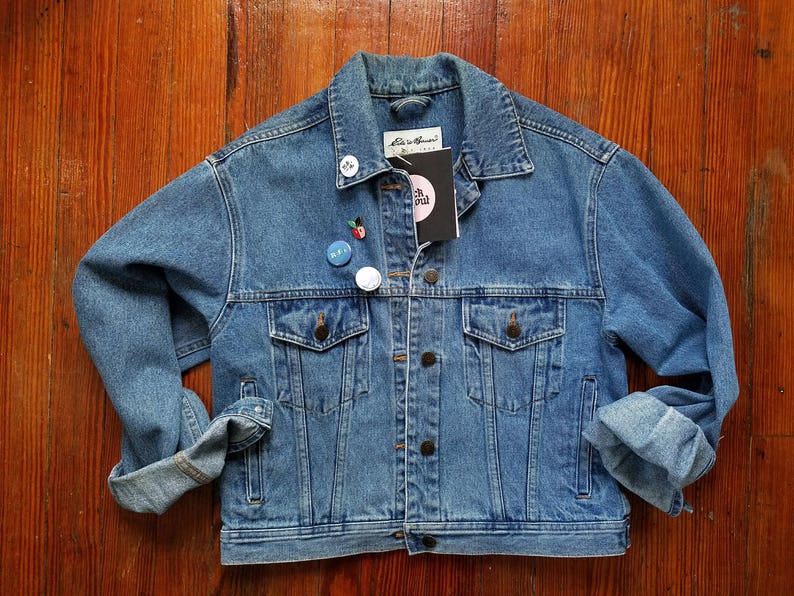 Vintage Eddie Bauer Denim Jean Jacket Handpainted Pink wicked Size