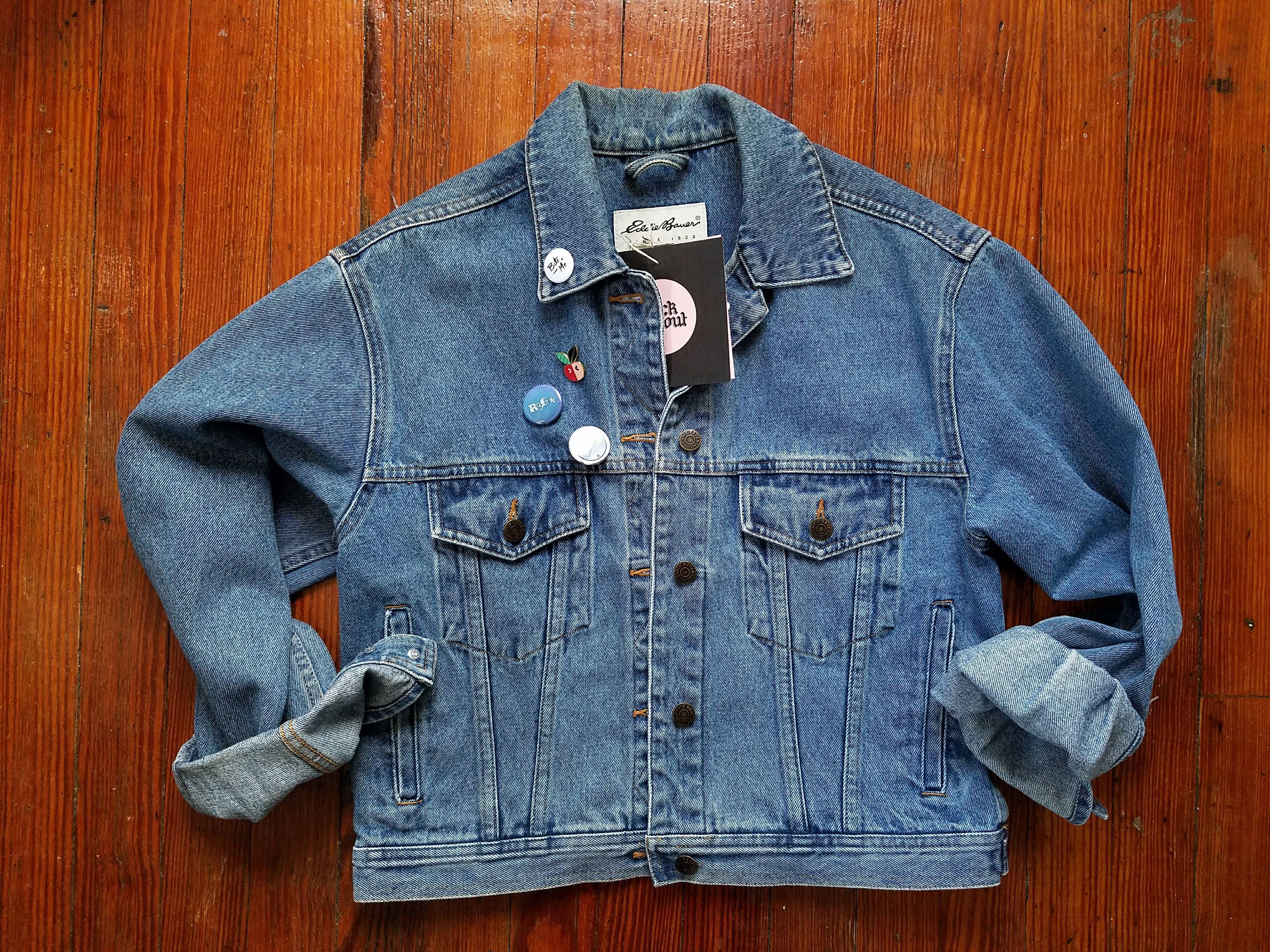 ジャケット・アウター 90s Eddie Bauer outdoor denim jacket Vintage Eddie Bauer Black Denim Jacket Wool Lined Outdoor