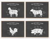 Butcher Cut Prints Set, Kitchen Chart Print Set, Kitchen Printable Set, Butcher Guide, Meat Chart, Meat Diagram, Meat Cuts, Hunting Gifts