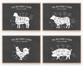 Butcher Cut Prints Set, Kitchen Chart Print Set, Kitchen Printable Set, Butcher Guide, Meat Chart, Meat Diagram, Meat Cuts, Hunting Gifts