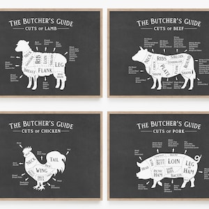 May include: A black and white illustration of the different cuts of meat on a cow, pig, chicken, and lamb. The illustration is on a chalkboard background with the text "The Butcher's Guide" and the type of meat listed below.