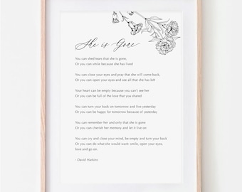 She is Gone Poem, Memorial Cards, Memorial Poem, Memorial Gift, Sympathy Gifts Remembrance Bereavement Messages Reading Eulogy Digital Print
