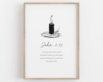 John 8:12 I am the Light of the World, Bible Line Art, Bible Verse Printable, Scripture Wall Art, Christian Gift, Minimalist Bible Scripture
