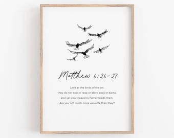 Matthew 6:26 Print Look at the Birds, Bible Verse Wall Art, Scripture Printable, Christian Gift, Minimalist Line Art, Modern Bible Download
