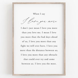 Quando eu digo que te amo mais para impressão, decoração de parede de quarto, citação romântica, citações de casamento, impressão de voto de casamento, presente de aniversário, placas de casamento