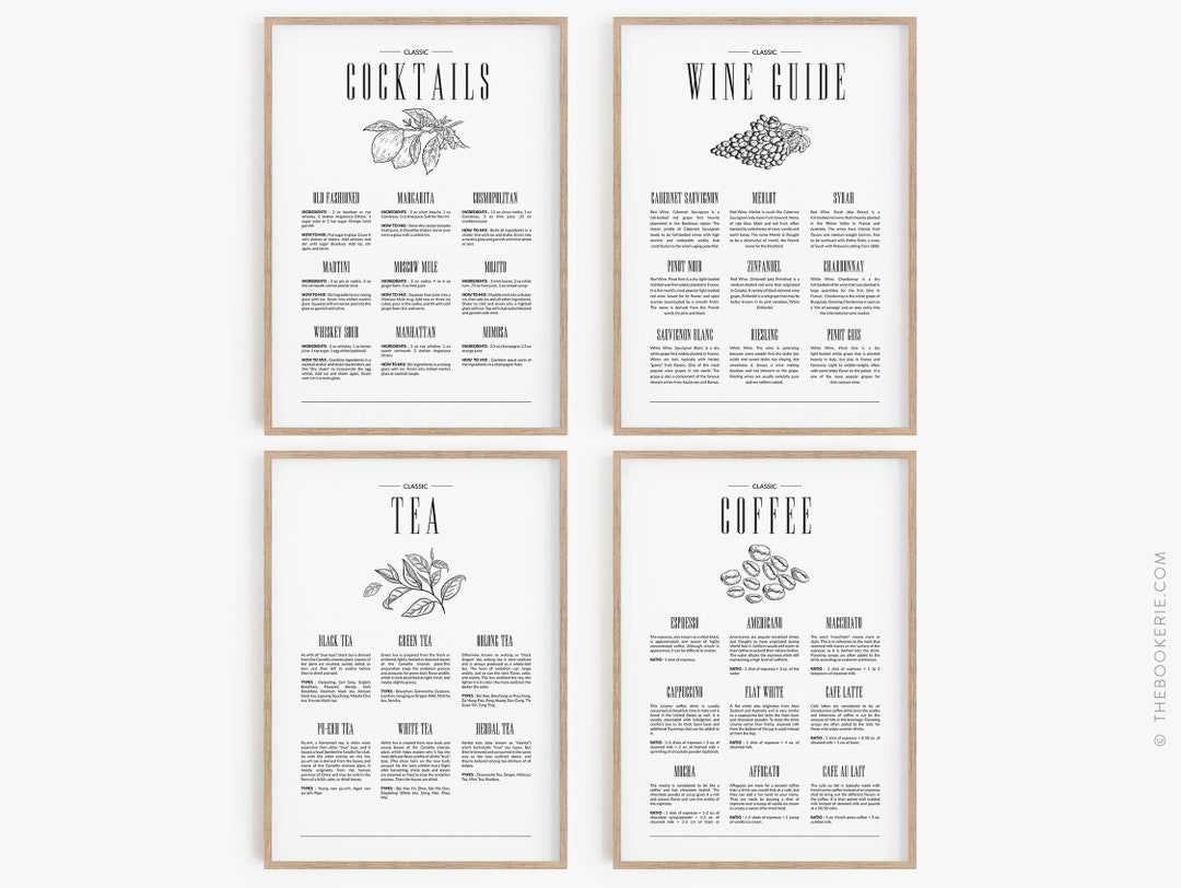 printable kitchen prints wall art, set of 6, hand... Kitchen Prints Set, Kitchen Printable Wall Art, Bar Decor, Alcohol ...