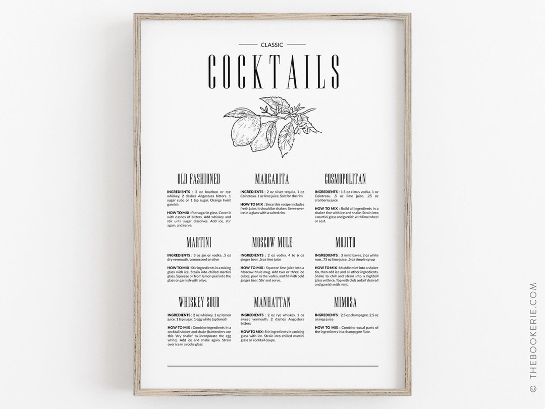 Classic Cocktail Types Print, Cocktail Guide Print Art, Cocktail ...