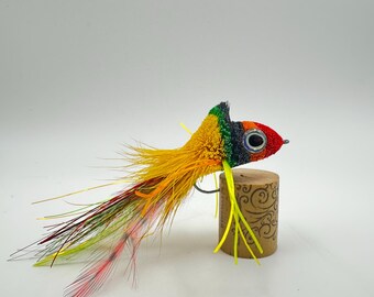 Può includere: Un'esca da pesca colorata con testa rossa, parte superiore nera e verde e piume gialle, arancioni e rosse. L'esca è attaccata a un amo e poggia su un tappo di sughero.